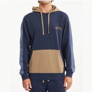 Billabong Blocked Wave Washed Hoodie Pullover Sweatshirt Large Blue Tan Pocket